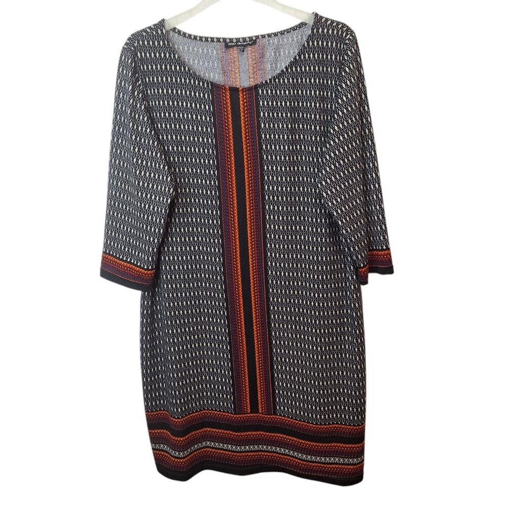 Mlle Gabrielle Sheath Knit Dress Size 3X‎ Black White Multi Geometric 3/4 Sleeve